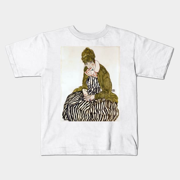 Egon Schiele Edith with Striped Dress, Sitting Kids T-Shirt by pdpress